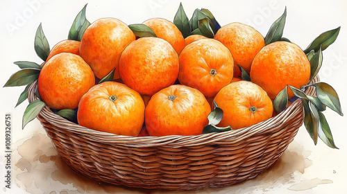 Mandarin oranges with leaves in basket . Citrus just from the tree. Organic veg food. Winter fruits.