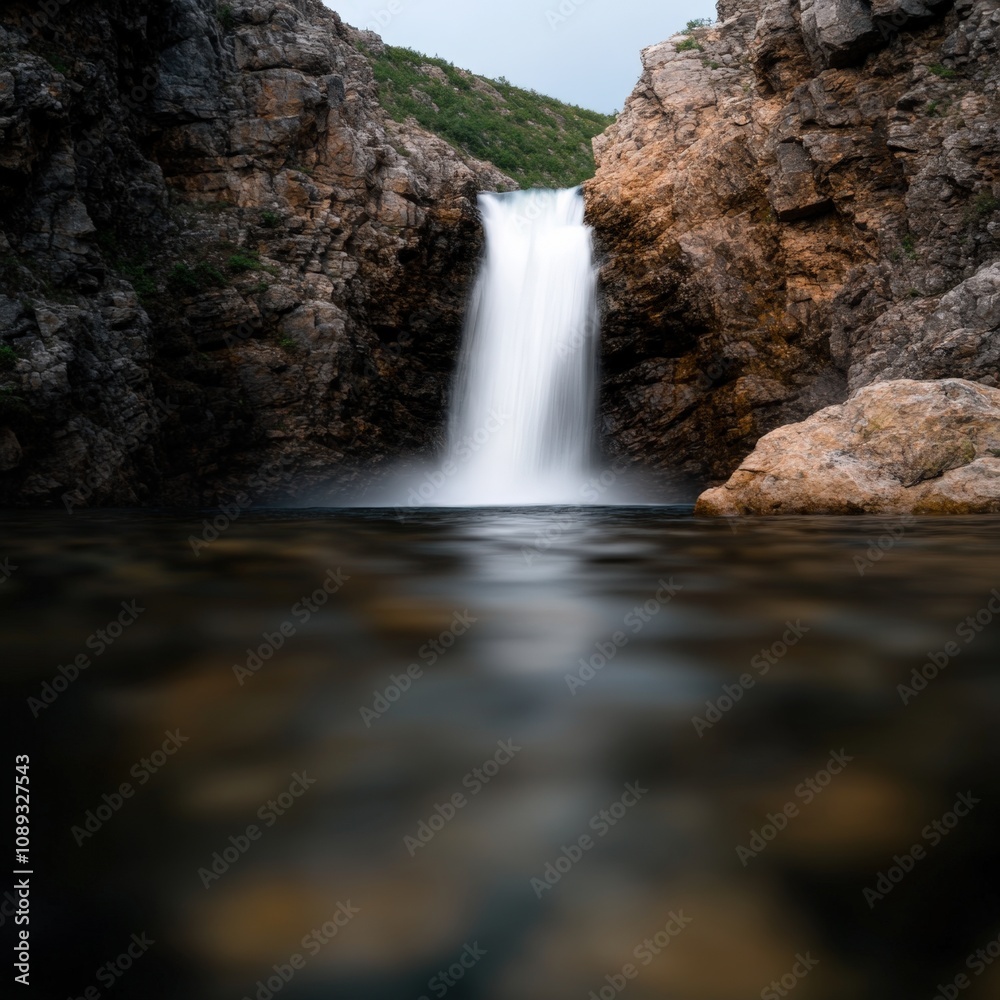 Fototapeta premium serene waterfall cascading into a tranquil pool surrounded by rocky cliffs