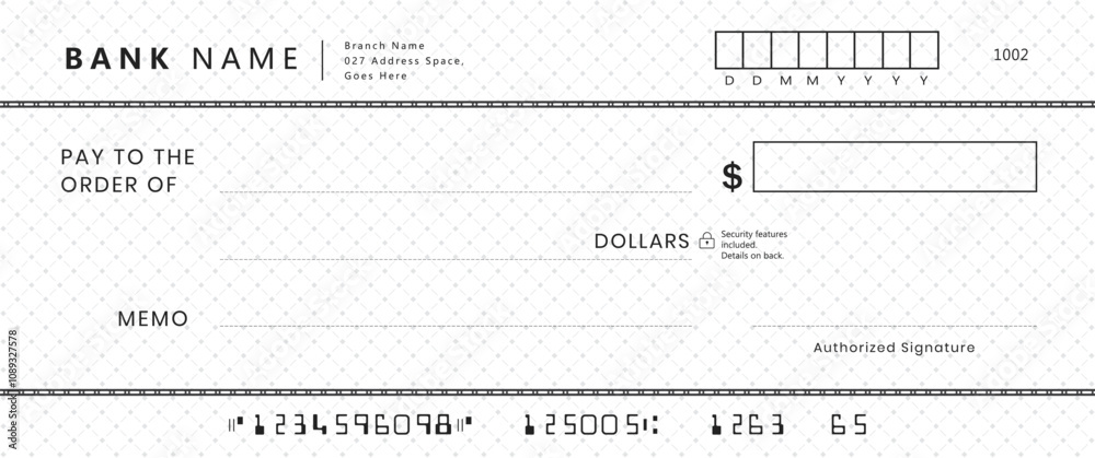 Blank bank check, checkbook cheque template with blue guilloche, vector mockup. Money payment bank check voucher or pay cash cheque certificate, account bill paycheck Blank bank check, checkbook cheque template with blue guilloche, vector mockup. Money payment bank check voucher or pay cash cheque certificate, account bill paycheck