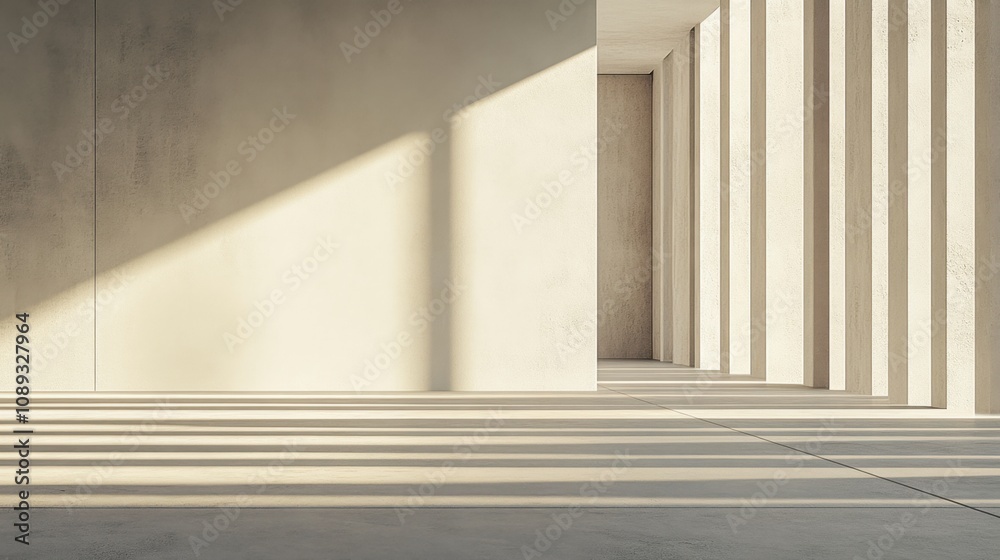 Fototapeta premium Modern, minimalist interior with a concrete wall and floor, with sunlight casting long shadows through vertical slats