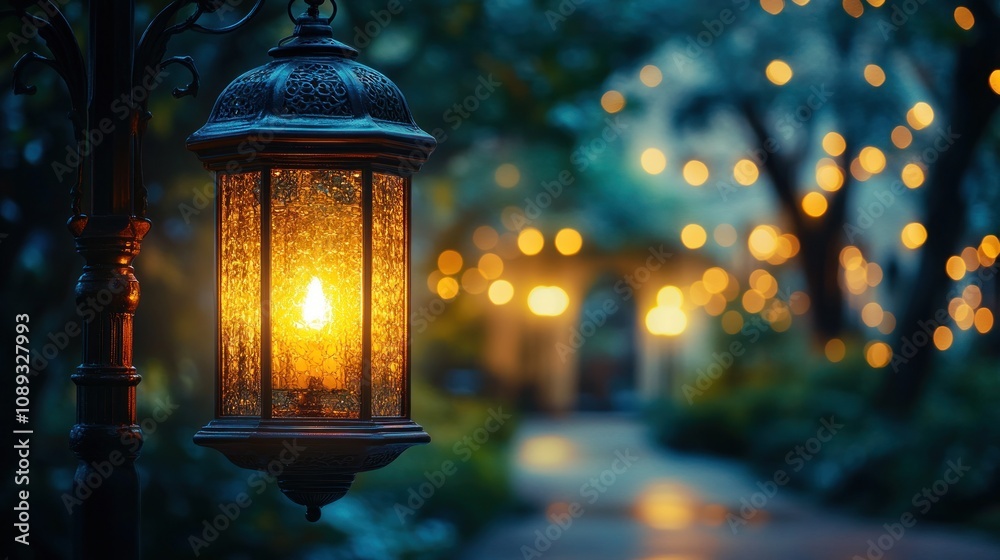 Glowing lantern on a dark, romantic pathway. Glowing lantern on a dark, romantic pathway.