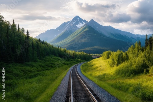 scenic view of a railway track leading through lush greenery with mountains in the background