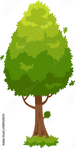 Cartoon tree with lush foliage and a sturdy trunk standing in a grassy meadow, representing nature, growth, and environmental conservation