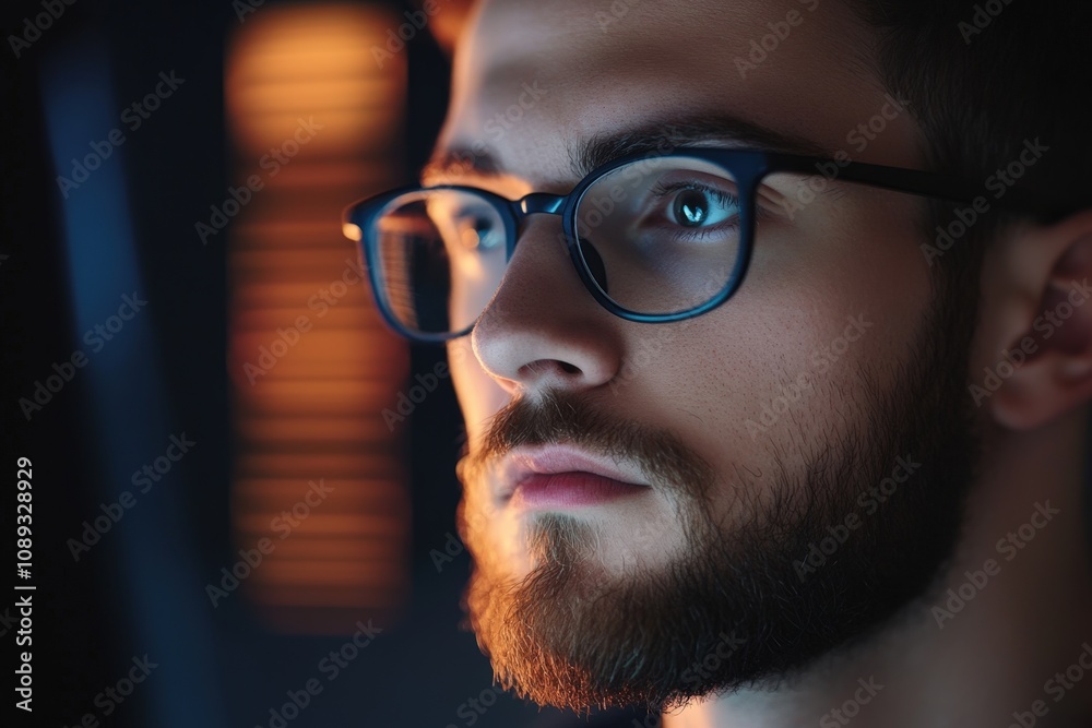 thoughtful man with glasses in low light setting