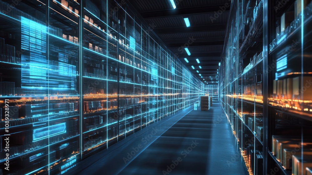 A futuristic warehouse with illuminated shelves and a high-tech ambiance. A futuristic warehouse with illuminated shelves and a high-tech ambiance.