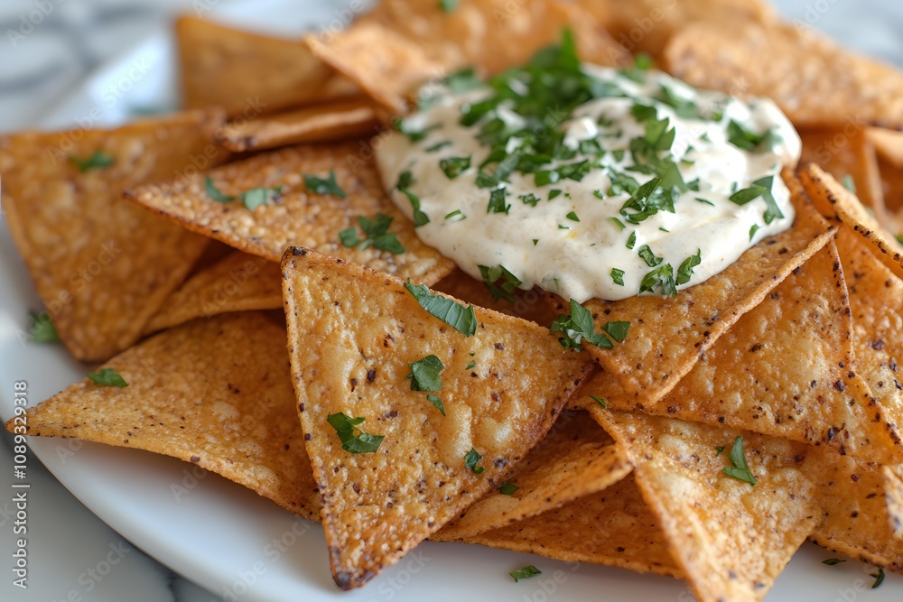 A plate of crispy tortilla chips topped with herbs and served with a creamy dip. A plate of crispy tortilla chips topped with herbs and served with a creamy dip.