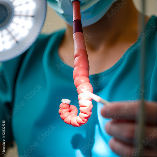 Surgeon rise up the intestine by tube with surgical thread in foreground closeup photo