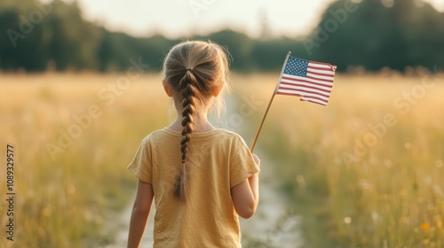 American pride child waves flag in open field u.S. Photography natural setting optimism for a great future photo