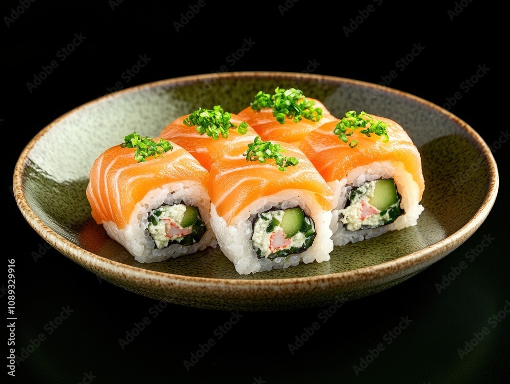 fresh sushi rolls with salmon and vegetables on a plate fresh sushi rolls with salmon and vegetables on a plate