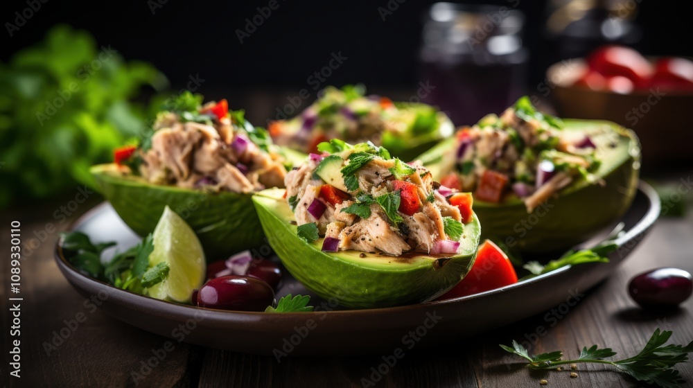 Avocado Boats Stuffed with Tuna, Cucumber, and Red Bell Pepper Avocado Boats Stuffed with Tuna, Cucumber, and Red Bell Pepper