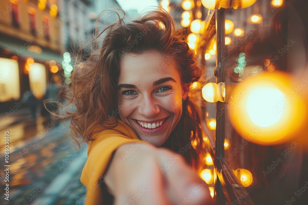 A joyful young woman points playfully at the camera, illuminated by warm, glowing lights in a vibrant urban setting. A joyful young woman points playfully at the camera, illuminated by warm, glowing lights in a vibrant urban setting.