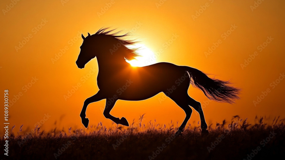 Horse galloping against a vibrant sunset backdrop in an open field Horse galloping against a vibrant sunset backdrop in an open field