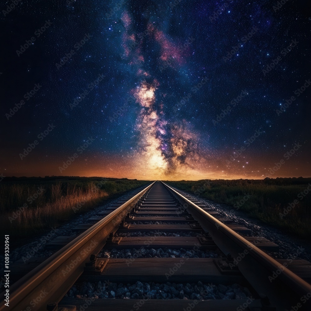 Starlit railway track under the Milky Way sky. Starlit railway track under the Milky Way sky.