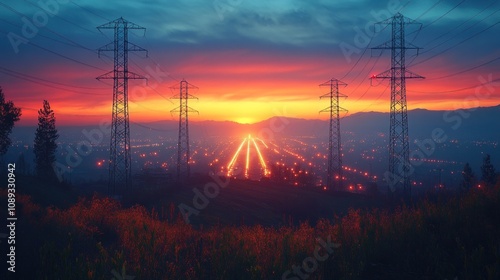 Sunset Over Cityscape with Power Lines