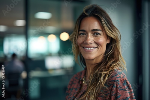 A smiling woman with long hair stands confidently in an office setting, surrounded by a blurred background of colleagues and workspace.