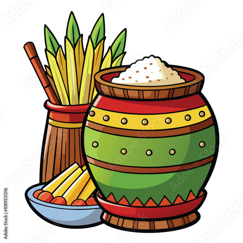 Traditional Pot of Sugarcane and Rice vector illustration Isolated white background.