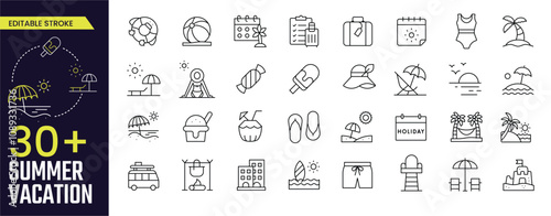 Summer Vacation Stroke icon collections. Containing beach, palm, sun, vacation, vector, design, water, travel, sea, ice cream, and airplane icons. Editable Stroke icon collection Outline icon