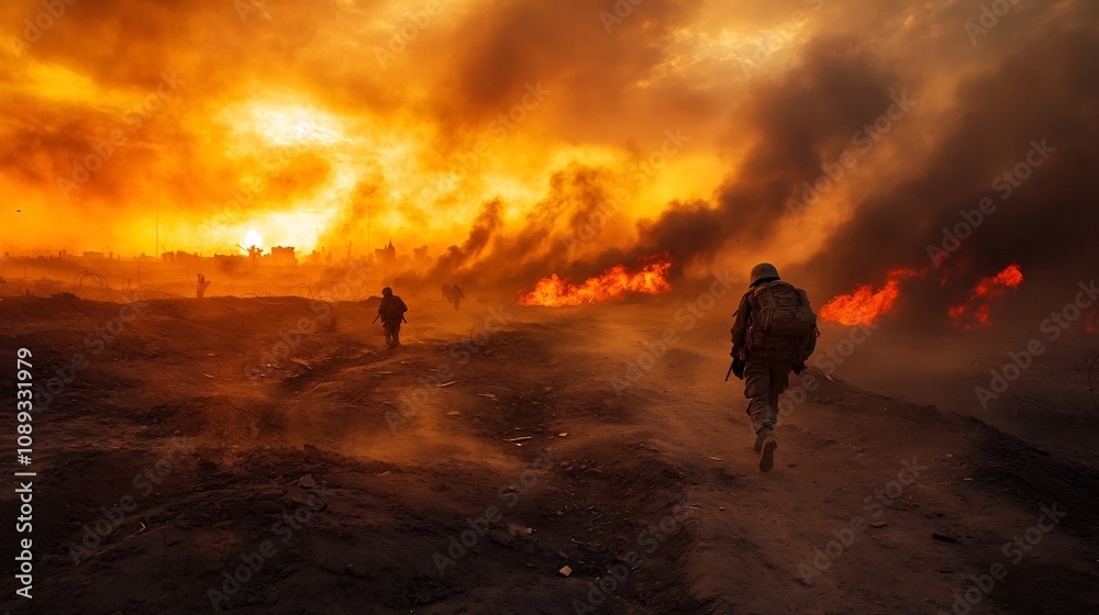 Dramatic documentary photography of a harrowing war scene capturing the intensity and chaos of a fierce battle with flames smoke and silhouetted figures amidst the destruction Dramatic documentary photography of a harrowing war scene capturing the intensity and chaos of a fierce battle with flames smoke and silhouetted figures amidst the destruction