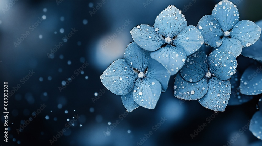 Blue Hydrangea Flowers with Water Drops, Moody Floral Blue Hydrangea Flowers with Water Drops, Moody Floral