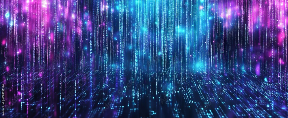 Cyan and purple glowing neon lights and a digital rain background with star Cyan and purple glowing neon lights and a digital rain background with star
