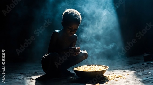 A solitary child sitting on a bare floor holding a bowl of meager food illuminated by dramatic lighting that casts shadows