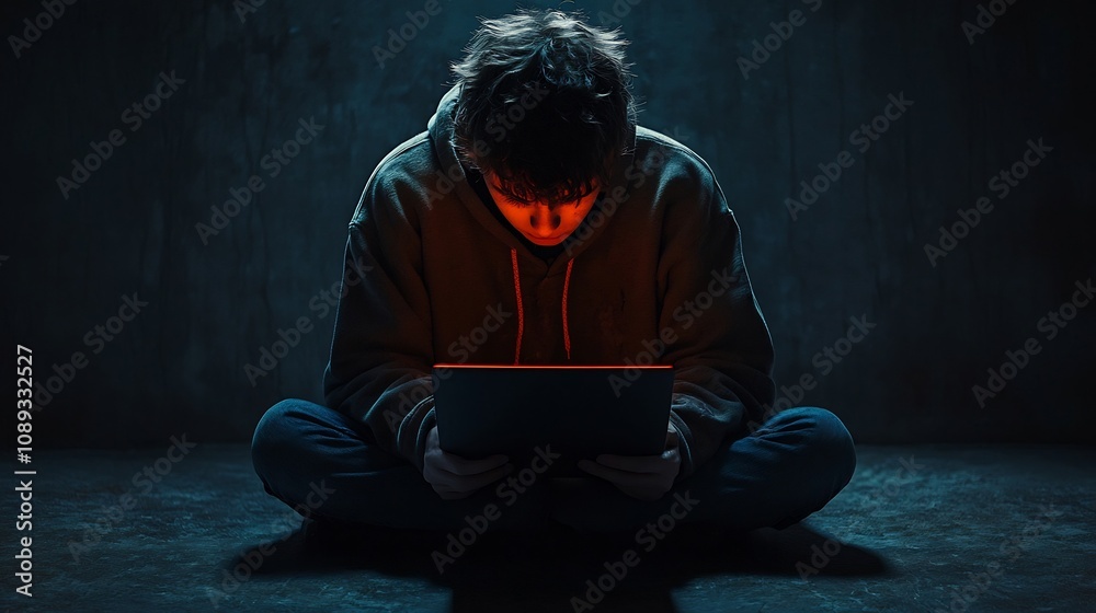 Solitary figure silhouetted in dramatic lighting immersed in a digital device Solitary figure silhouetted in dramatic lighting immersed in a digital device