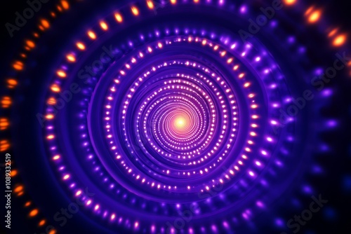 A mesmerizing spiral of purple and orange lights, creating a hypnotic tunnel effect that draws the viewer's eye toward the center.