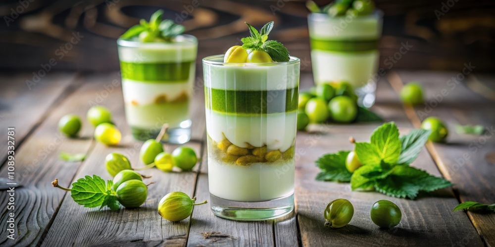 Layered Dessert with Green Berries and Mint Garnish on Rustic Wood Surface Layered Dessert with Green Berries and Mint Garnish on Rustic Wood Surface