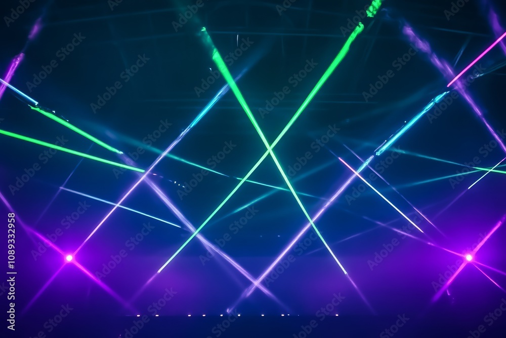 Colorful laser beams intersect in a dark setting, creating a vibrant, dynamic atmosphere, perfect for concerts or parties.