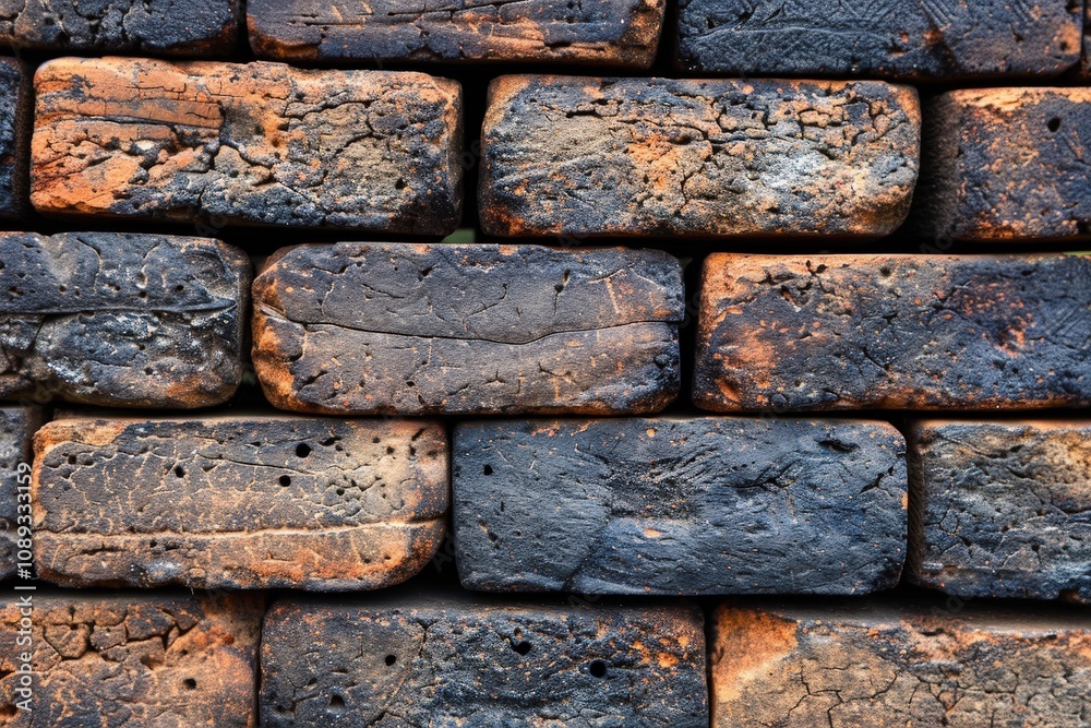 A close-up view of textured, weathered bricks arranged in a wall, showcasing their unique colors and surface imperfections. A close-up view of textured, weathered bricks arranged in a wall, showcasing their unique colors and surface imperfections.