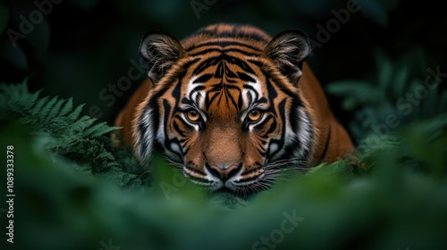 Majestic tiger prowls through lush green foliage in the heart of the jungle at dusk