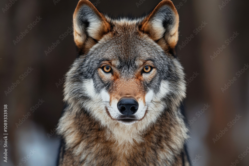 Majestic wolf with intense gaze in a natural forest setting, showcasing its thick fur and alert expression. Majestic wolf with intense gaze in a natural forest setting, showcasing its thick fur and alert expression.