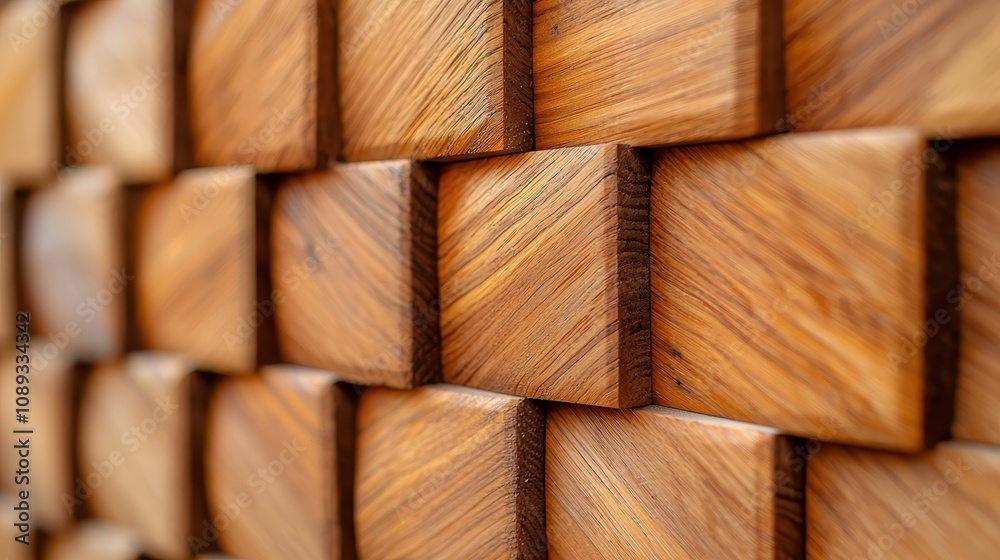 A close-up view of a textured wooden wall made of interlocking square tiles, showcasing the natural grains and hues of the wood. A close-up view of a textured wooden wall made of interlocking square tiles, showcasing the natural grains and hues of the wood.