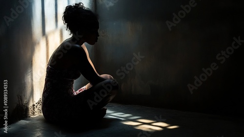 Dramatic silhouette of a lone human figure sitting at a window in a dark moody room depicting the plight and isolation of victims of human trafficking and exploitation