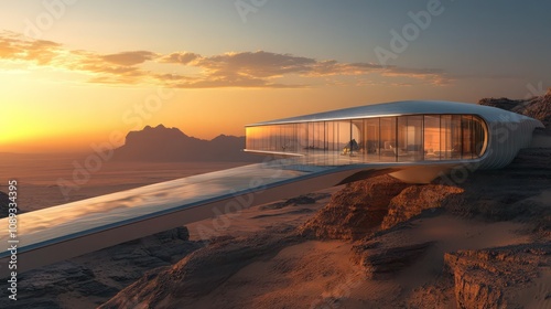 A futuristic glass house perched on a desert plateau, its sleek design reflecting the sunset over the vast sandy landscape. photo