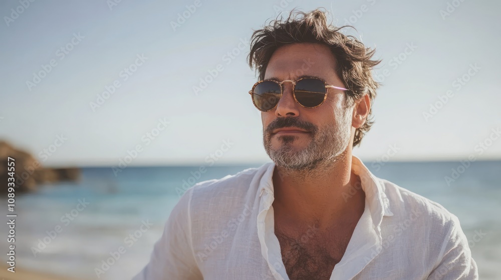 A man with sunglasses enjoys a beach setting, exuding a relaxed, confident vibe. A man with sunglasses enjoys a beach setting, exuding a relaxed, confident vibe.