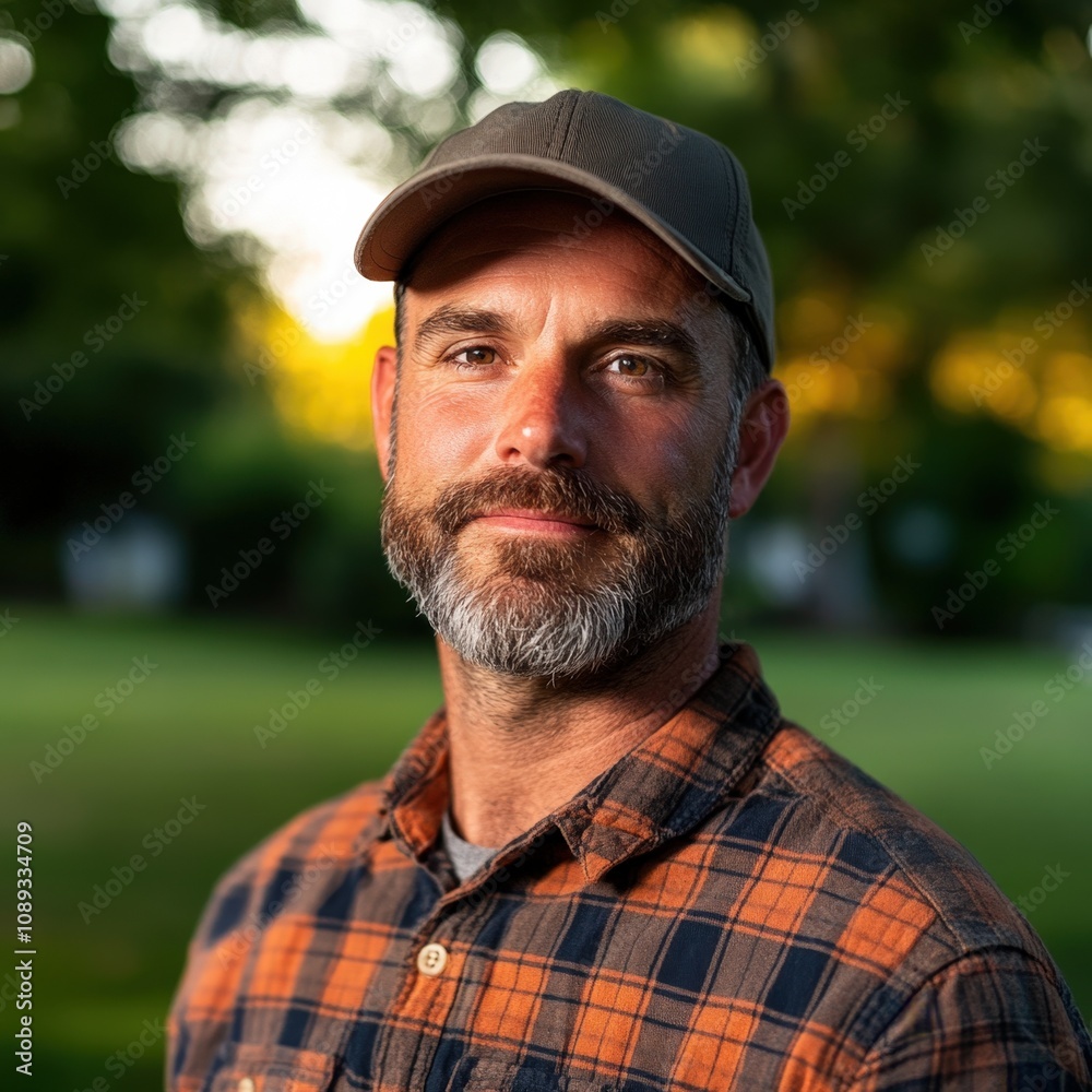 man with beard wearing a cap and plaid shirt in a natural setting man with beard wearing a cap and plaid shirt in a natural setting