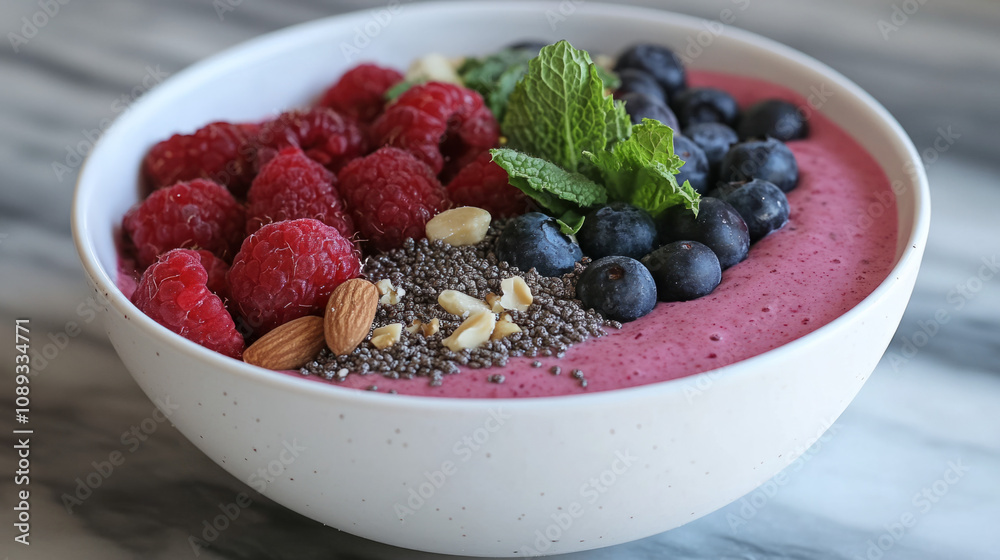 Fresh berry smoothie bowl garnished with nuts and mint in natural light Fresh berry smoothie bowl garnished with nuts and mint in natural light