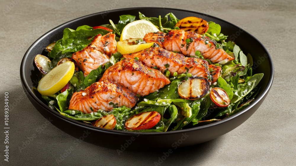 Grilled salmon served on a bed of fresh greens with lemon slices Grilled salmon served on a bed of fresh greens with lemon slices