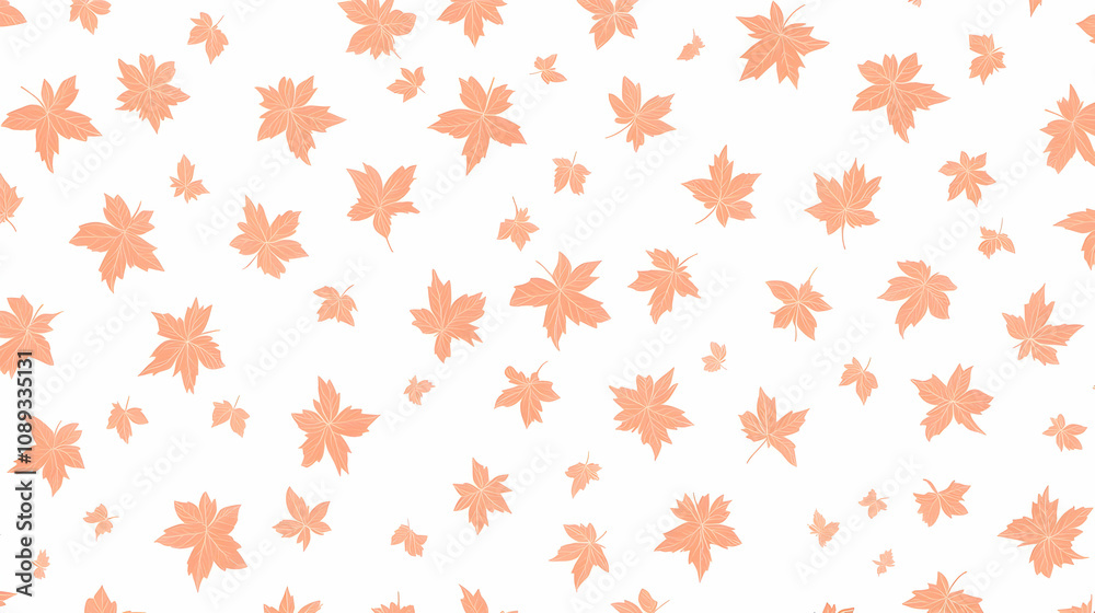 Peach-colored maple leaves scattered on a white background, creating a seamless autumnal pattern. Peach-colored maple leaves scattered on a white background, creating a seamless autumnal pattern.