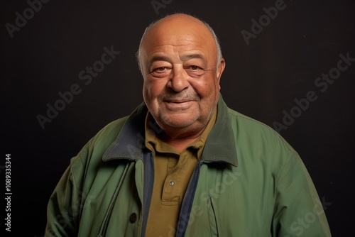 Elderly man in stylish white t shirt, smiling in studio portrait against solid background