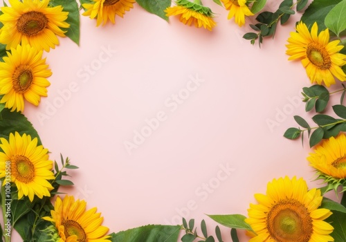 Sunflower frame background with green leaves on pastel pink surface for floral design