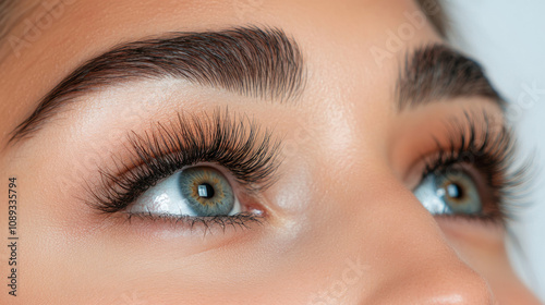 Close-up view of beautiful eyes with long lashes and defined brows