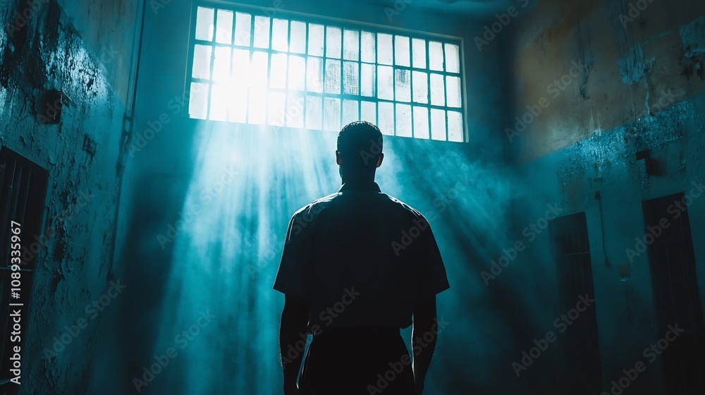 Dramatic silhouette of a person captured in the shadows of an facility with powerful beams of light streaming through the barred windows conveying a sense of confinement isolation Dramatic silhouette of a person captured in the shadows of an facility with powerful beams of light streaming through the barred windows conveying a sense of confinement isolation