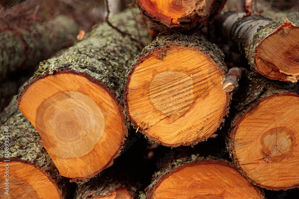 Pile of wooden logs, big trunks of tall trees cut and stacked in a forest. Ecological damage and deforestation Pile of wooden logs, big trunks of tall trees cut and stacked in a forest. Ecological damage and deforestation