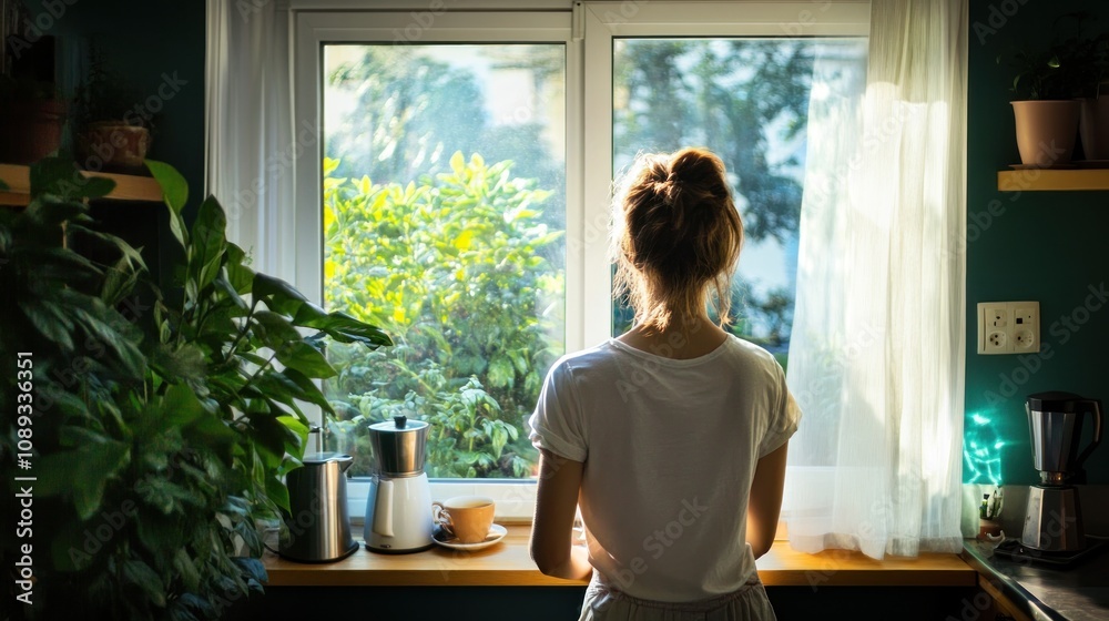 Woman Contemplating Nature's Serenity from Kitchen Window Woman Contemplating Nature's Serenity from Kitchen Window