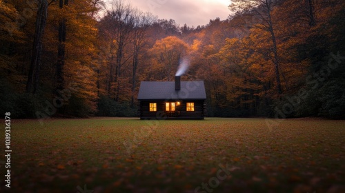 cozy cabin in the woods with smoke rising from the chimney during autumn
