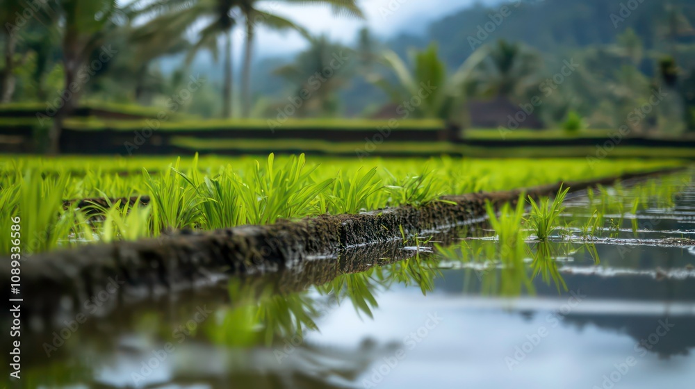 A rice paddy field with vibrant green shoots in standing water. A rice paddy field with vibrant green shoots in standing water.