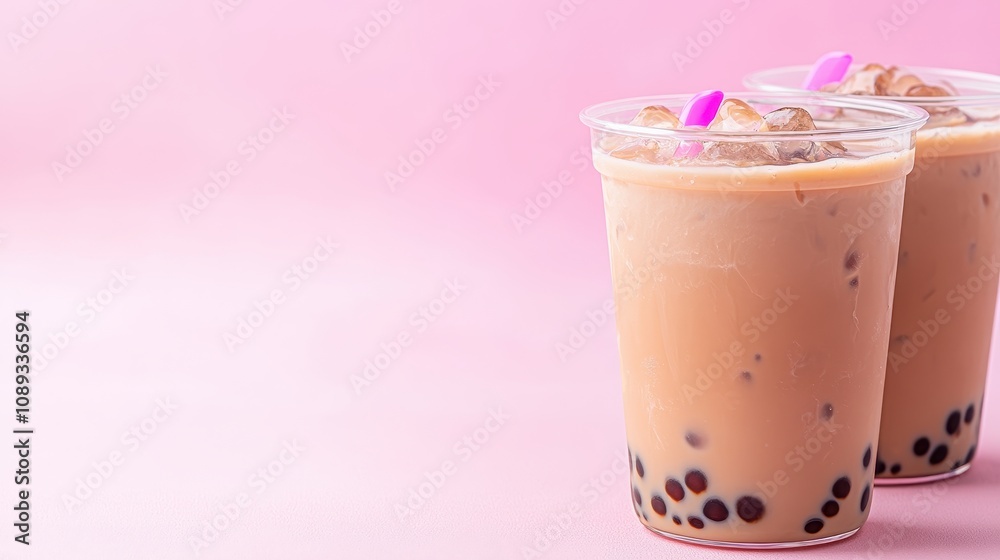 Refreshing Iced Taiwanese Coffee with Milk and Boba Pearls Served in Transparent Cups on a Soft Pink Background Refreshing Iced Taiwanese Coffee with Milk and Boba Pearls Served in Transparent Cups on a Soft Pink Background