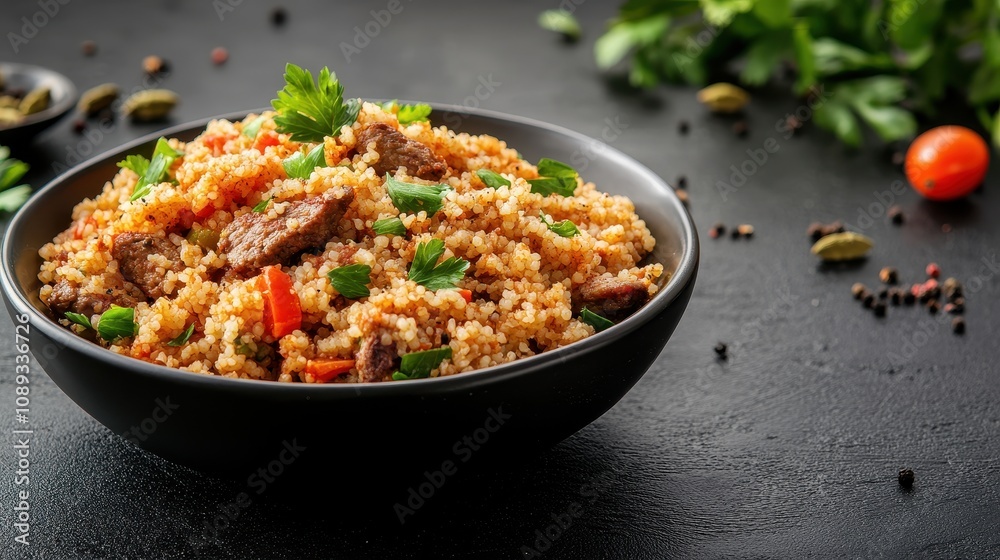 A Delicious Plate of Traditional Tunisian Couscous Dish Seasoned with Cardamom and Fresh Vegetables for a Flavorful Culinary Experience A Delicious Plate of Traditional Tunisian Couscous Dish Seasoned with Cardamom and Fresh Vegetables for a Flavorful Culinary Experience